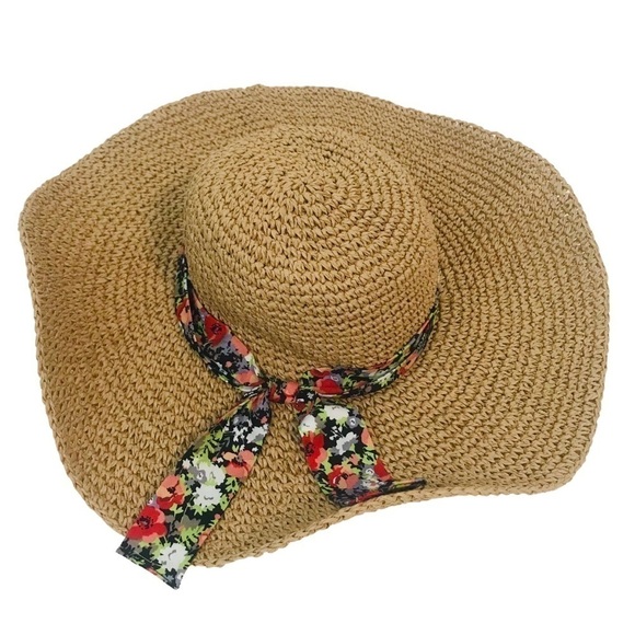 Floppy Straw Bohemian Floral Ribbon Large Sun Hat - Picture 1 of 6